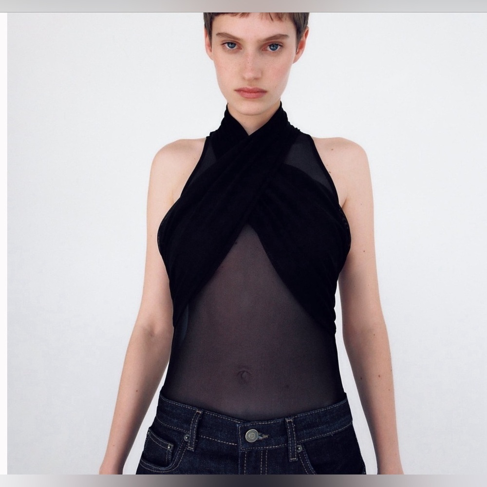 NWT - Zara Black Tulle Cross Draped Bodysuit - Size S